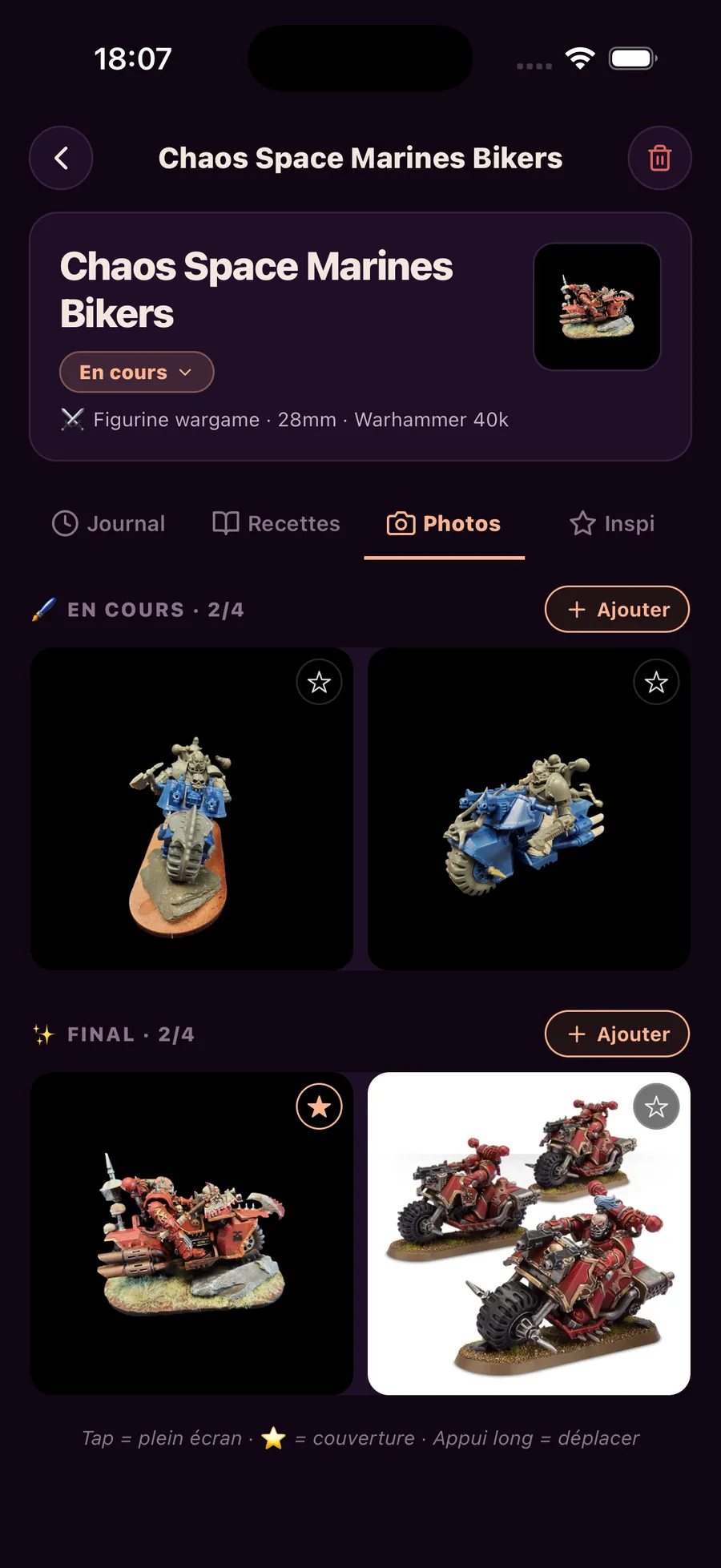 Palette Forge — une fiche projet avec ses photos d'avancement